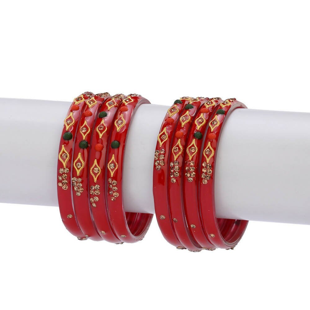 Afast Designer Fancy Party Bangle/ Kada Set, Red, Glass, Pack Of 8 - Swadesiicart