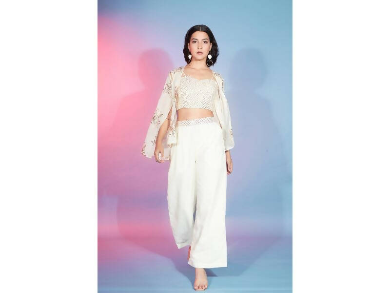 Off White Georgette Sequence With Thread Designer Co-Ord Set - Flory - Swadesiicart