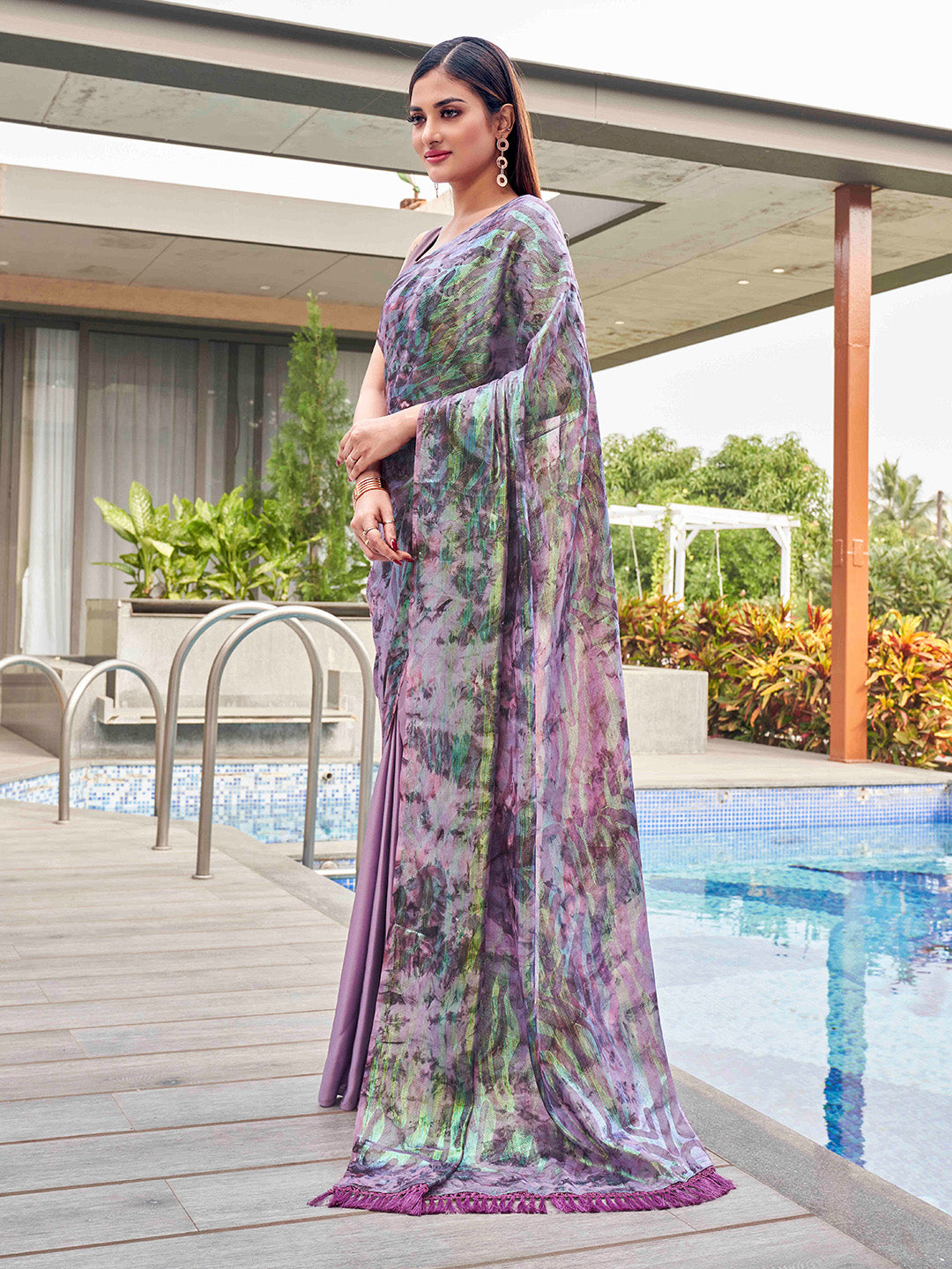 Tikhi Imli Mauve Abstract Printed Satin Half and Half Saree | Swadesiicart