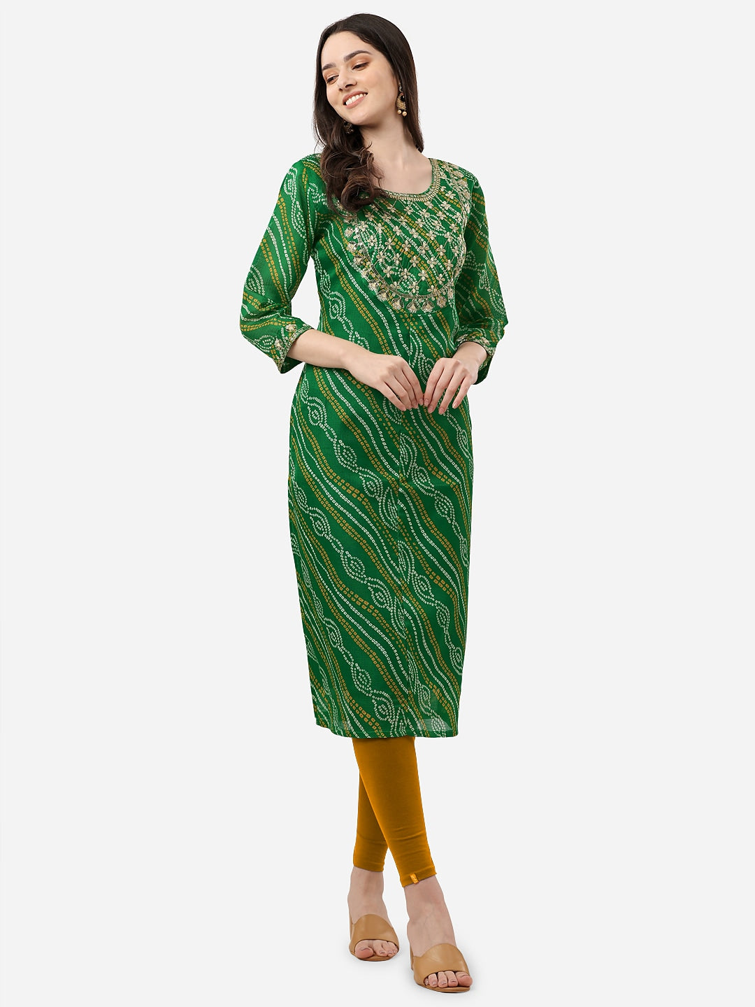 HERE&NOW Women Green Leheriya Printed Pure Cotton Kurta - Swadesiicart