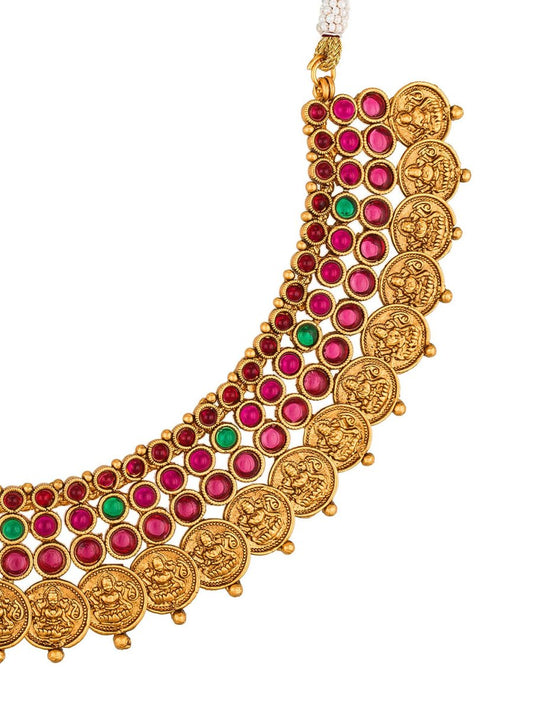 Aadita Gold-Polished & Pink Stone Studded Handcrafted Jewellery Set - Swadesiicart