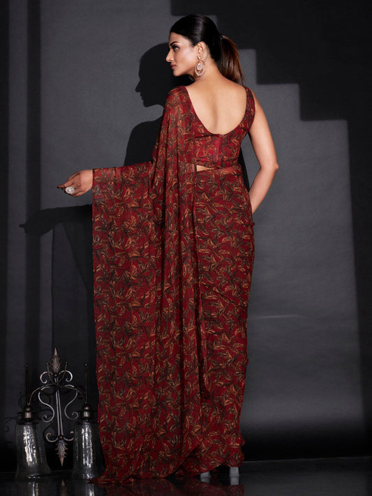 Tikhi Imli Red & Green Floral Printed Poly Georgette Ready To Wear Saree | Swadesiicart