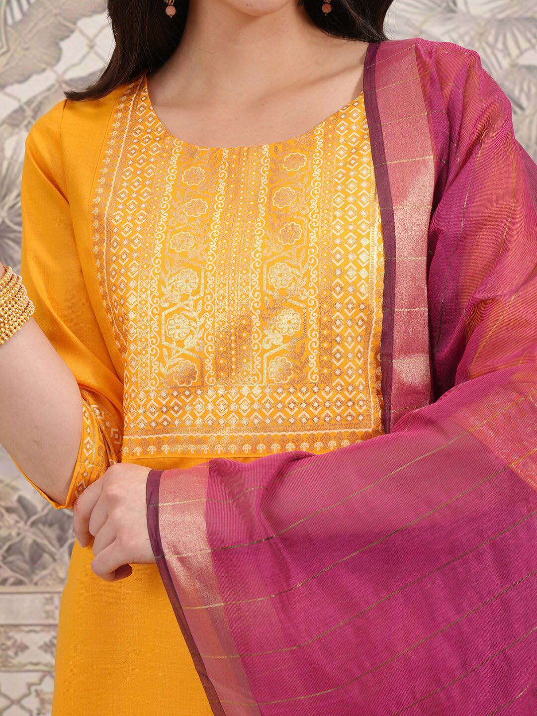 Vishudh Floral Yoke Design Straight Kurta with Palazzos & With Dupatta - Swadesiicart