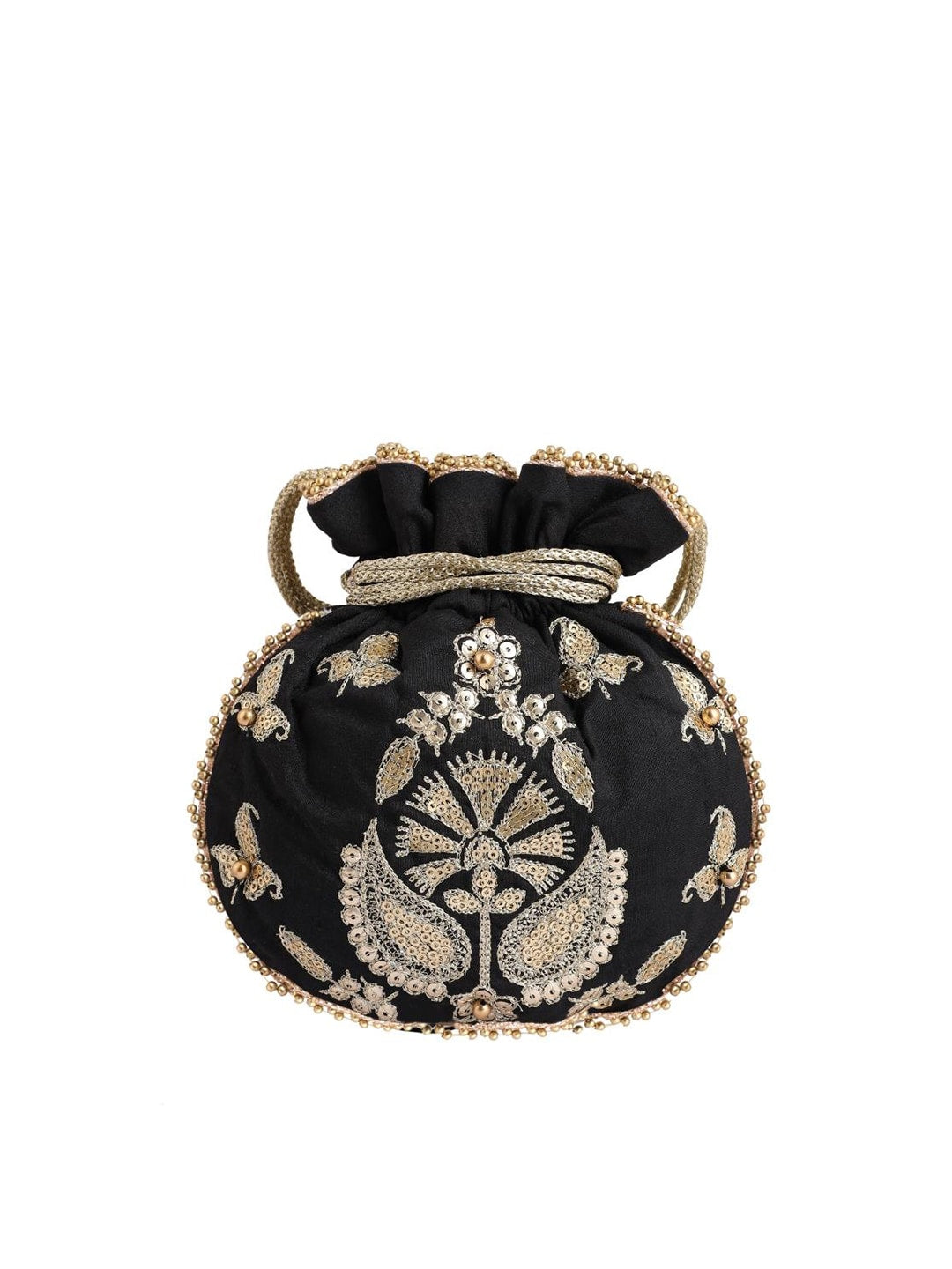 Masq Black & Gold-Toned Embellished Embroidered Potli Clutch - Swadesiicart