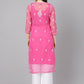 ADA Women Pink & White Sheer Chikankari Embroidered Straight Handloom Kurta with Inner | Swadesiicart