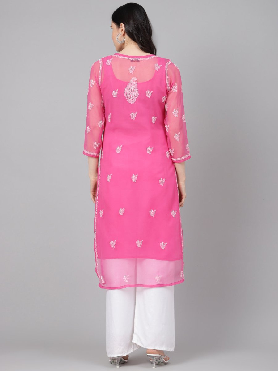 ADA Women Pink & White Sheer Chikankari Embroidered Straight Handloom Kurta with Inner | Swadesiicart