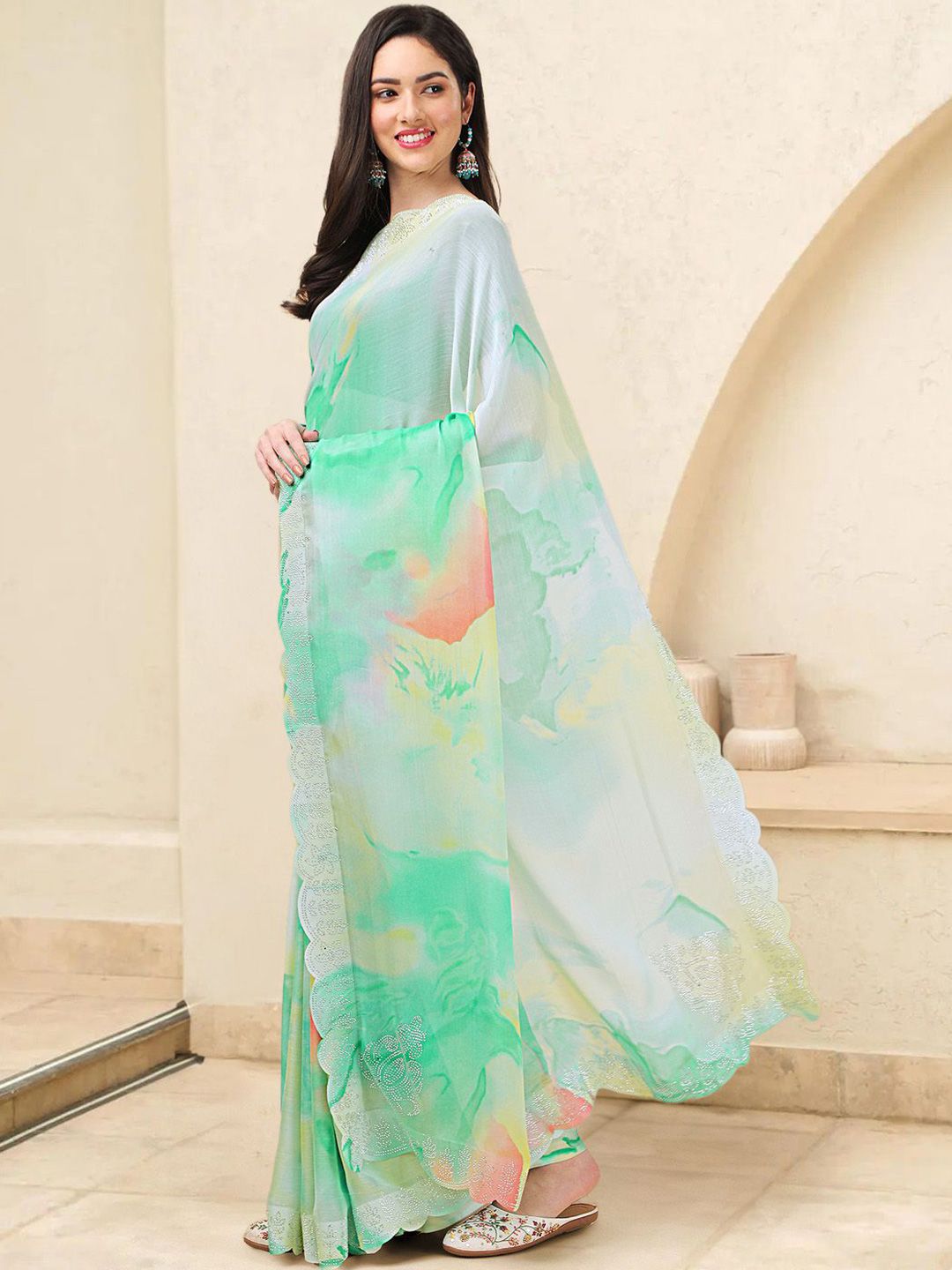 Mitera Tie and Dye Beads and Stones Poly Chiffon Ready to Wear Saree | Swadesiicart