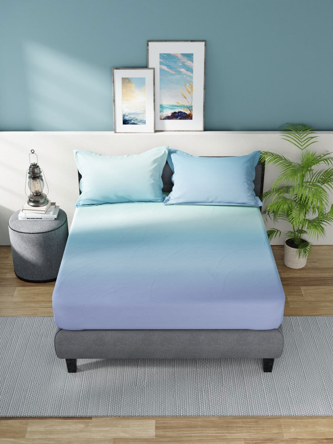 Nautica Bradford Green & Blue 160 TC Pure Cotton King Bedsheet & 2 Pillow Covers - Swadesiicart