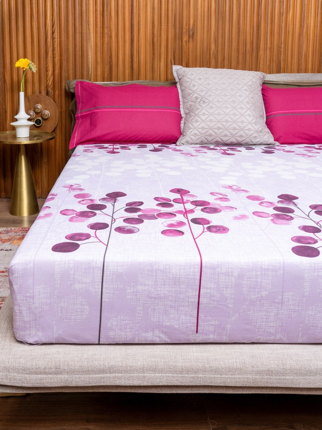 URBAN SPACE Divine Purple Floral 144 TC Pure Cotton Queen Bedsheet With 2 Pillow Covers - Swadesiicart