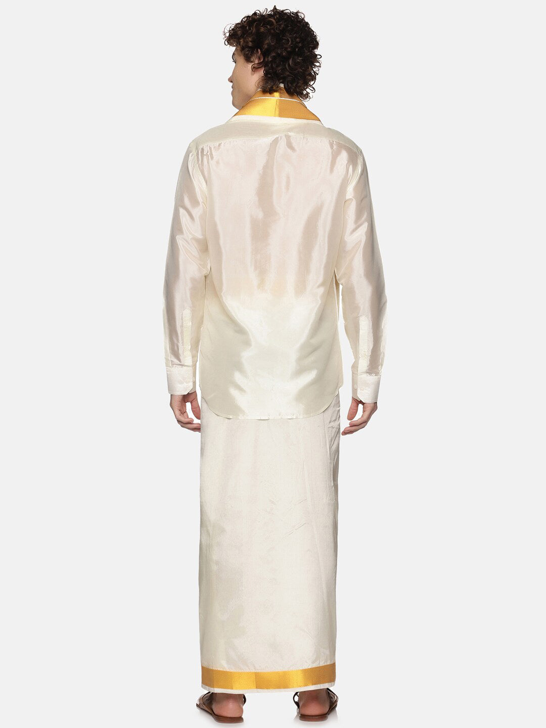 Sethukrishna Men Cream Solid With Angavastram | Swadesiicart