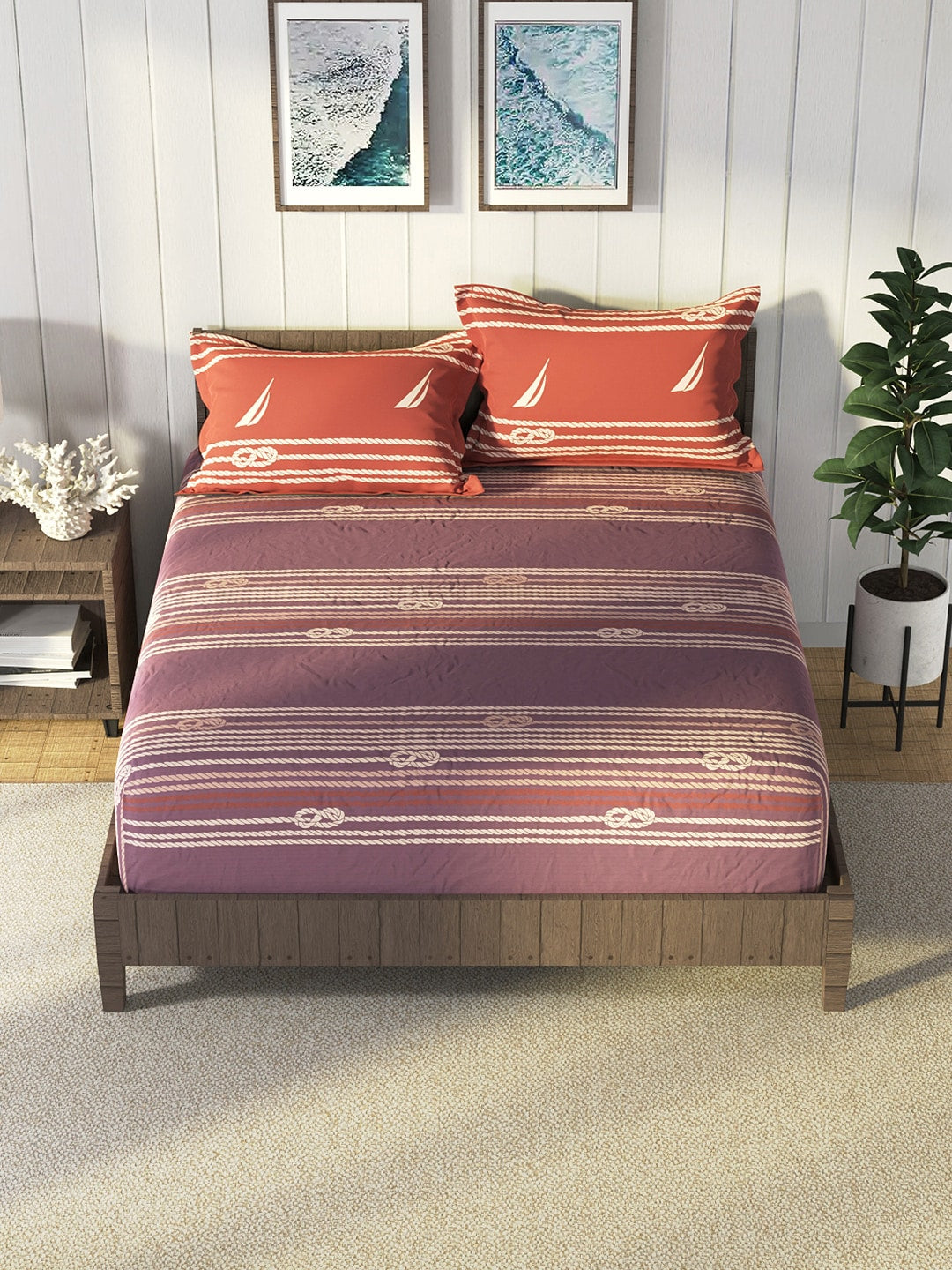 Nautica Purple & Orange Striped Cotton 160 TC King Bedsheet With 2 Pillow Covers - Swadesiicart