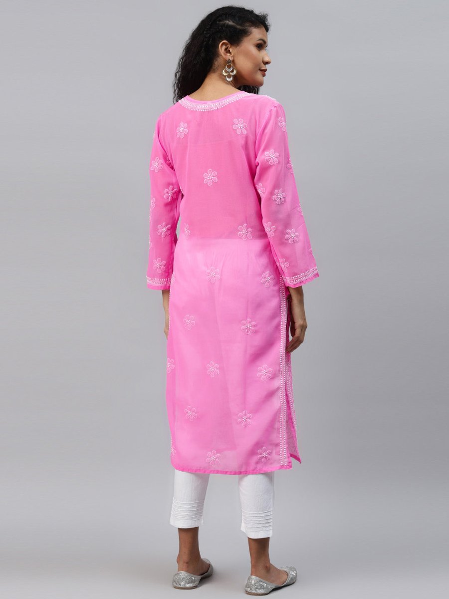 ADA Women Pink & White Ethnic Motifs Embroidered Chikankari Handloom Kurta with Trousers | Swadesiicart