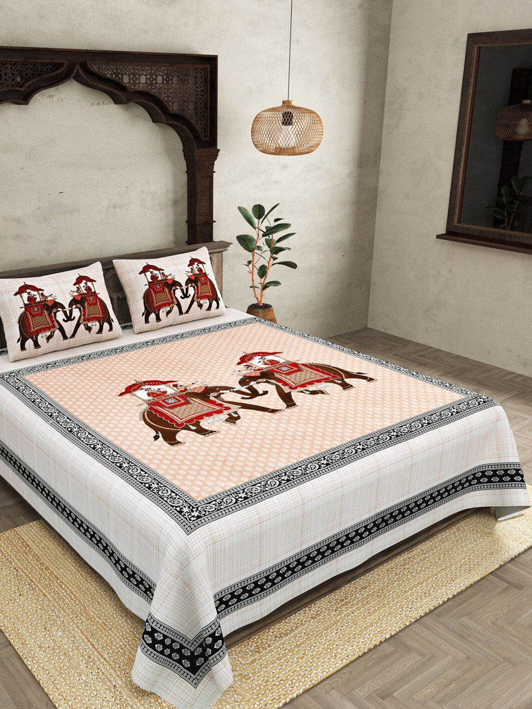 JAIPUR FABRIC Peach Ethnic Motifs Cotton 250 TC Super King Bedsheet With 2 Pillow Covers | Swadesiicart