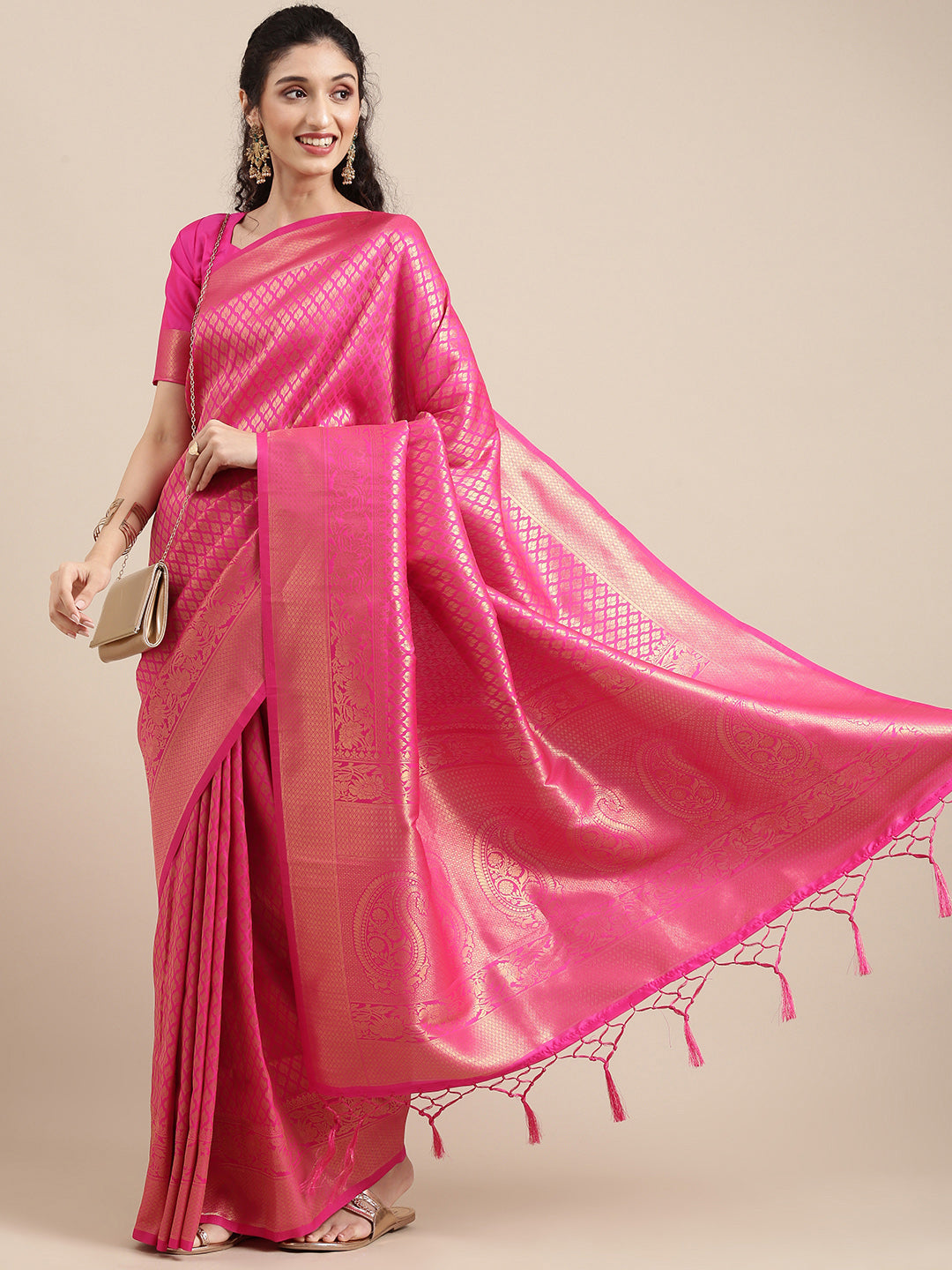 Saree Mall Pink Ethnic Motifs Zari Silk Blend Banarasi Saree For Women | Swadesiicart