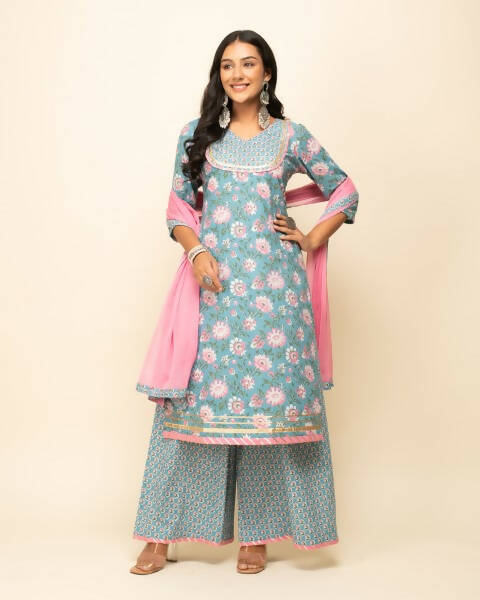 FIORRA Women's Sky Blue Cotton Straight Kurta Palazzo Set With Dupatta - Swadesiicart