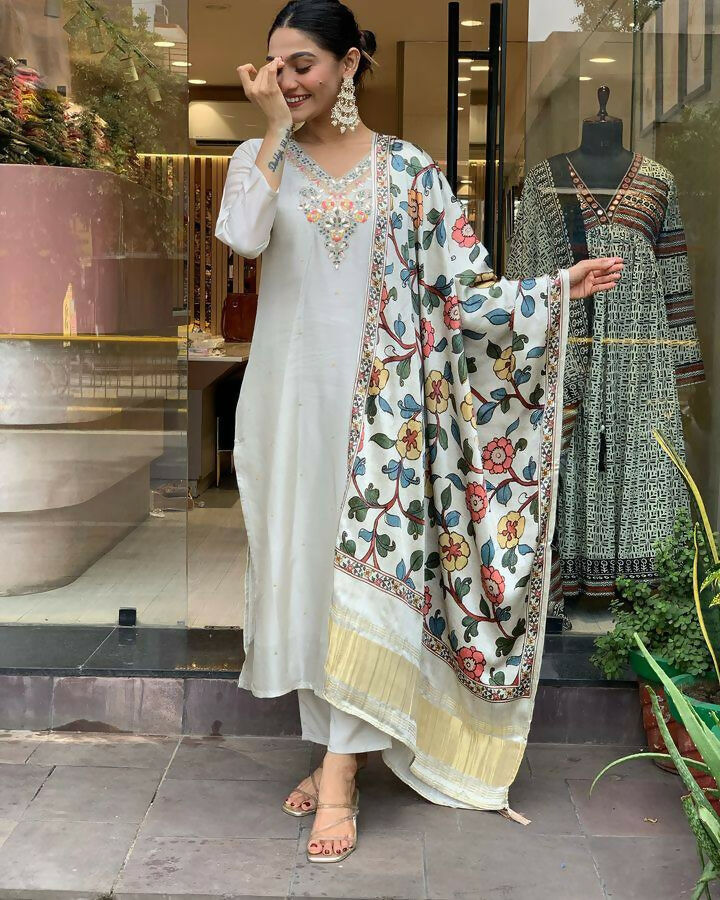 The52 Off White Women's Gorgeous Embroidered Viscose Chanderi Fabric Straight Kurta Pant with Dupatta Set - Swadesiicart