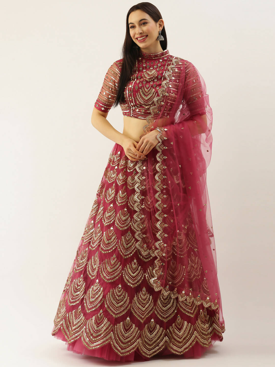 House of Panchhi Women Rosegold Net Embroidered Mirror Lehenga & Blouse with Dupatta | Swadesiicart