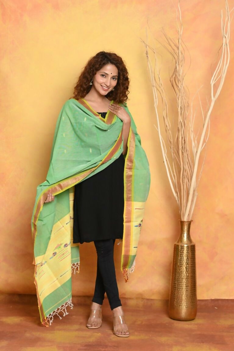 Very Much Indian Handloom Pure Cotton Paithani Dupatta - Green | Swadesiicart