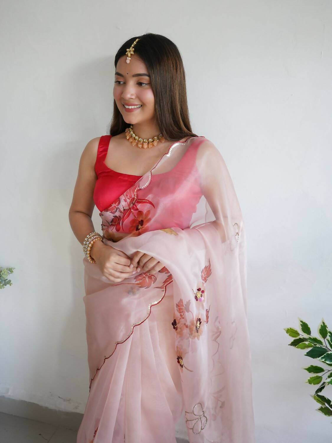 Vamsee Peach Organza Saree - Swadesiicart