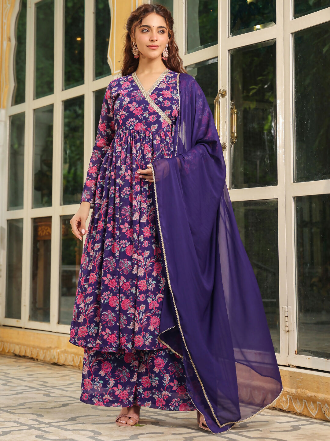 Janasya Purple Georgette Floral Kurta,Bottom & Dupatta | Swadesiicart