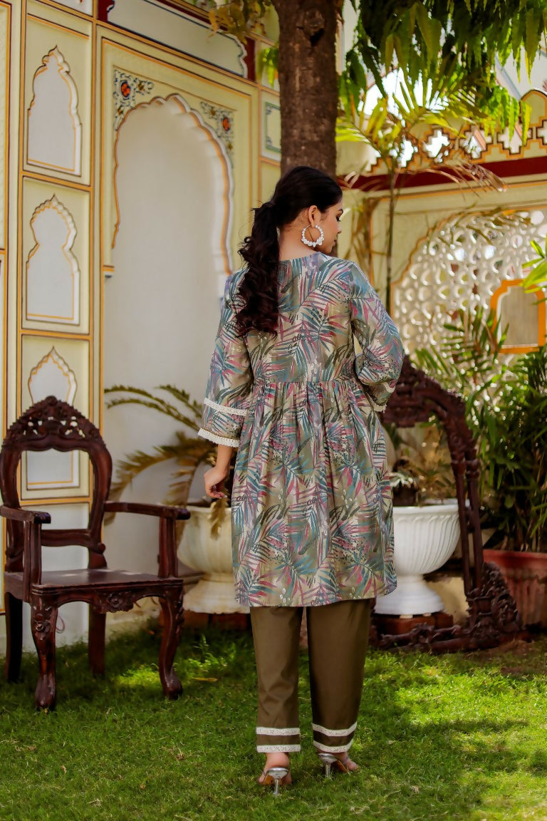 Vaasva Women Olive Green Muslin Floral Print Alia cut Kurta & Pant (Cord set) - Swadesiicart