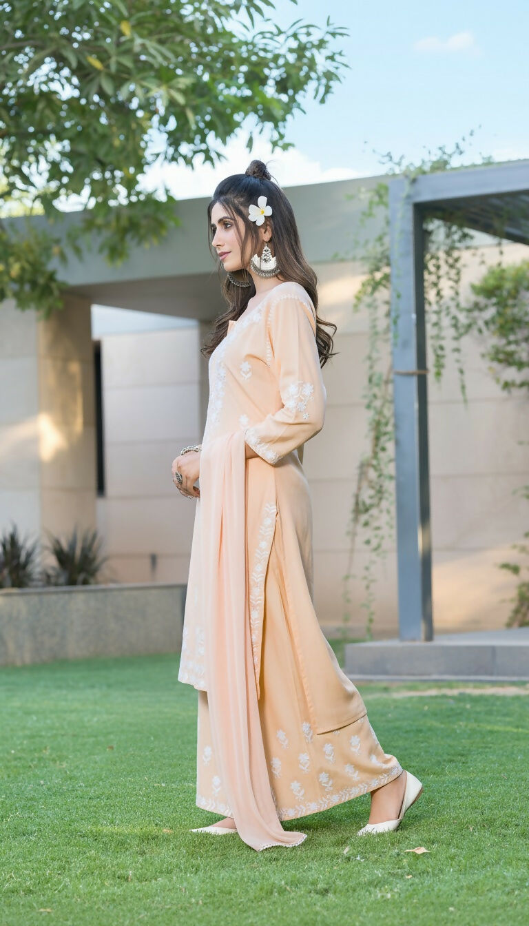 BulBul Meher Rayon Peach Kurta Set with Dupatta - Swadesiicart