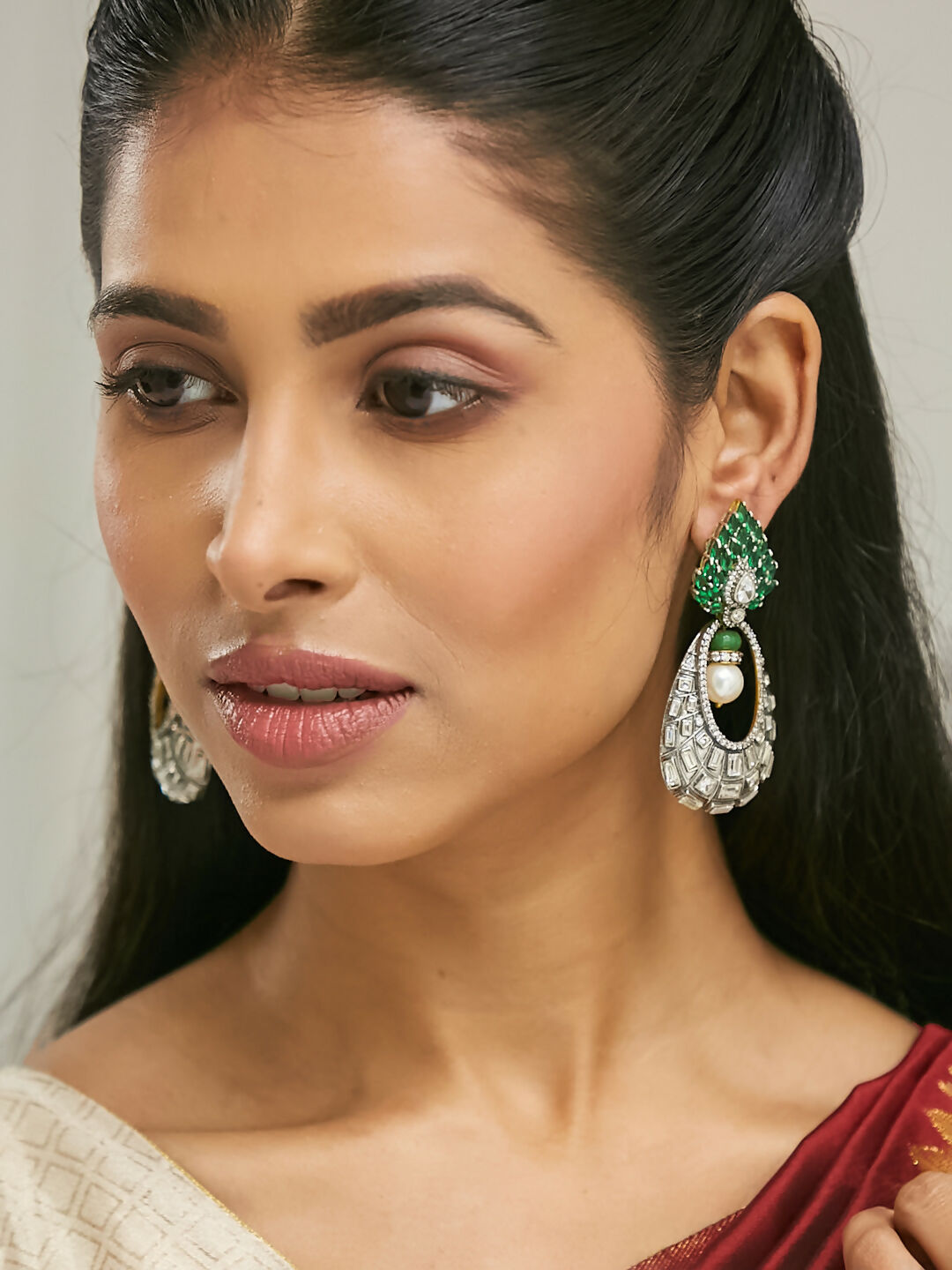 Nuyug 22K Gold-Plated Zircon Studded & Pearl Teardrop Shaped Dangler Earrings | Swadesiicart