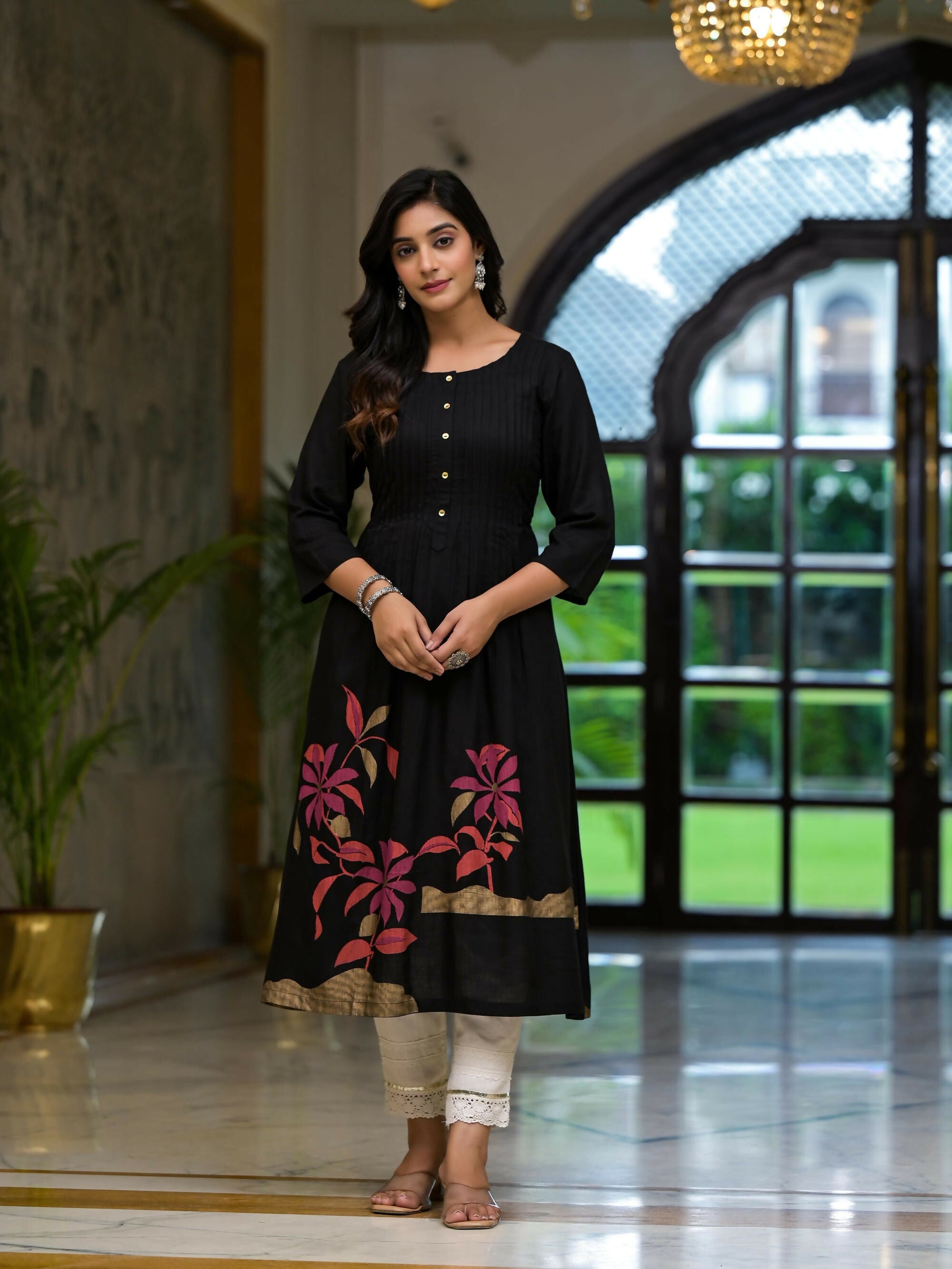 Juniper Women's Black Floral Printed Rayon Kurta With Button Closure - Swadesiicart