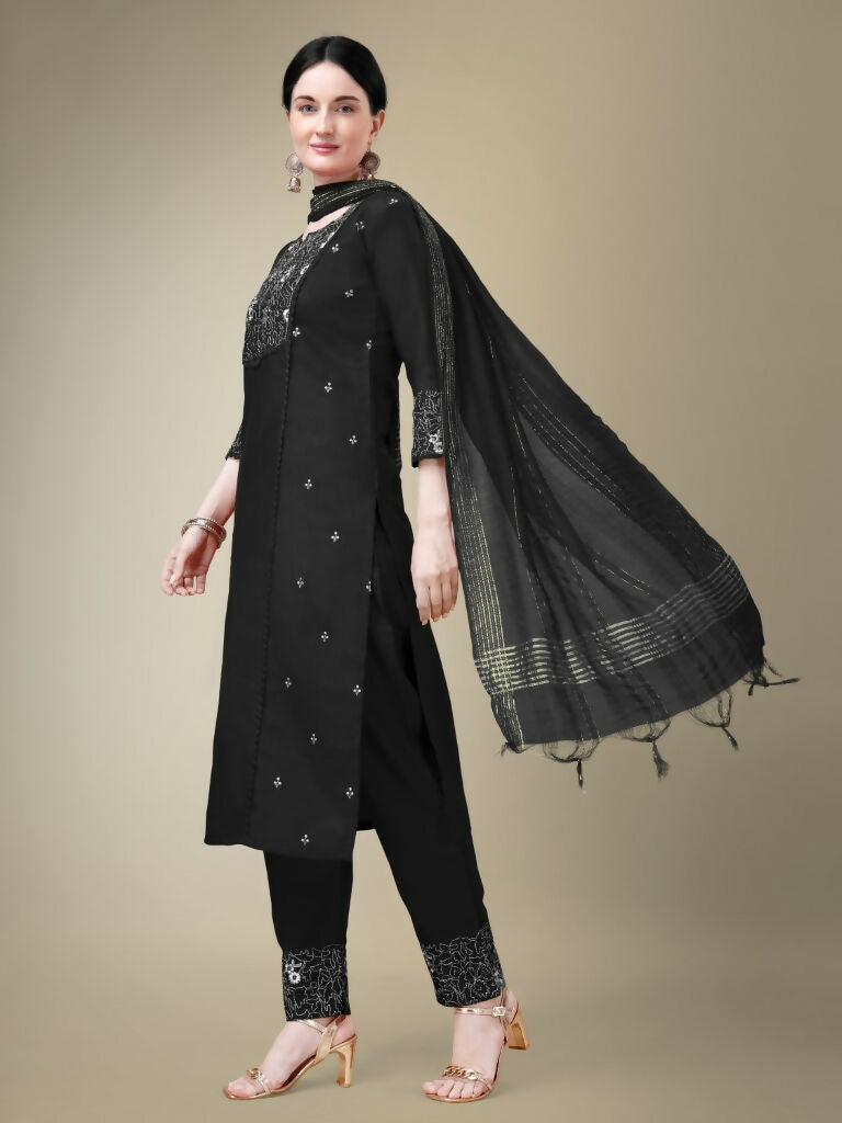 Jyoti Fashion Women's Black Cotton Blend Embroidery & Fancy Lace work Kurta with Trouser & Dupatta | Swadesiicart
