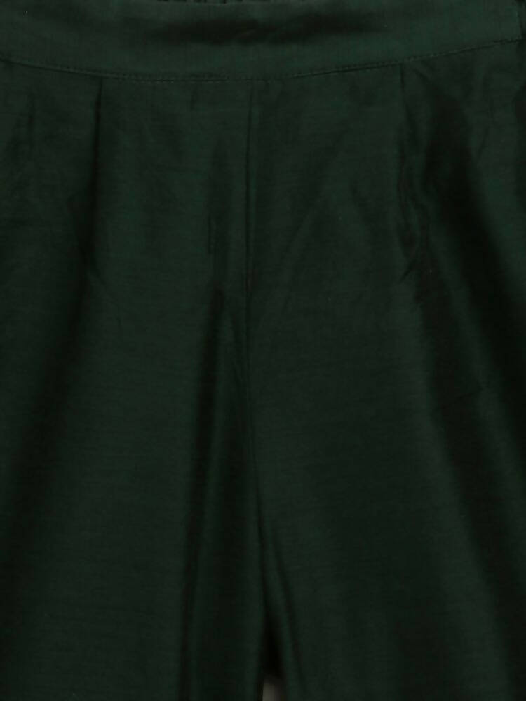 Ahalyaa Dark Green Chanderi Solid Kids Kurta Palazzo Set With Dupatta For Girls | Swadesiicart