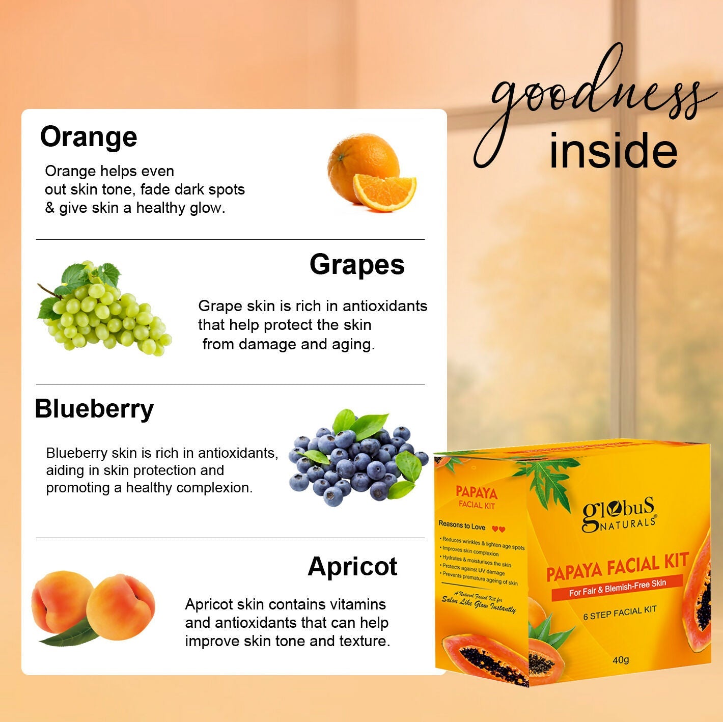 Globus Naturals Papaya Facial Kit For Blemish Free Skin & Anti-Pigmentation, 6 Steps | Swadesiicart