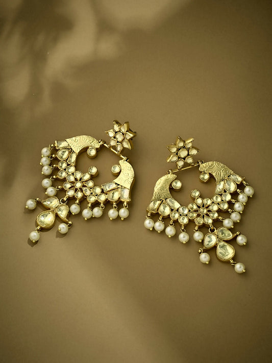 Nuyug 22K Gold-Plated Kundan and Pearl Earrings with Floral Stud and Intricate Crescent Design Chandbalis | Swadesiicart