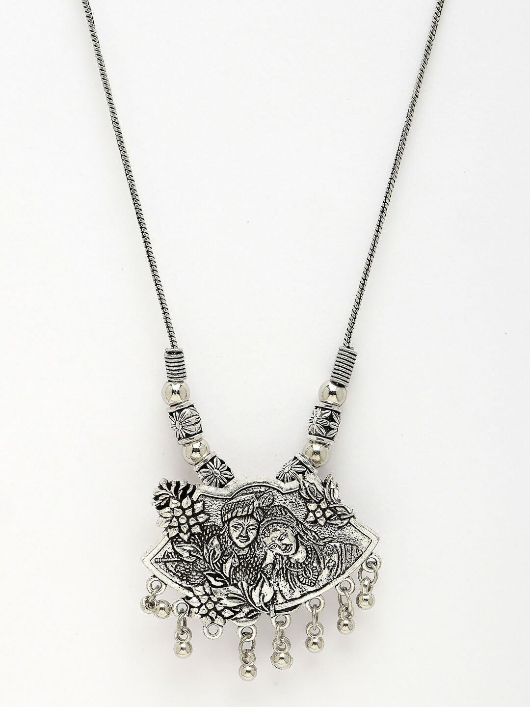 NVR Women's Silver-Toned Radha Krishna Pendant with Chain | Swadesiicart