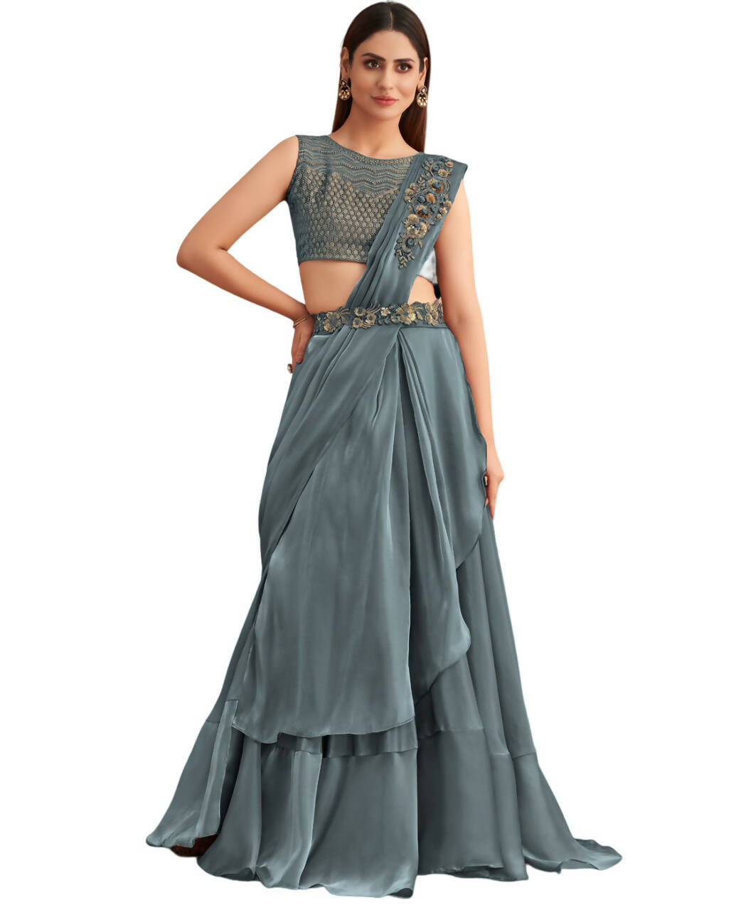 Blue Satin Embroidered Ready To Wear Saree With Unstitched Blouse Piece - Nandika | Swadesiicart