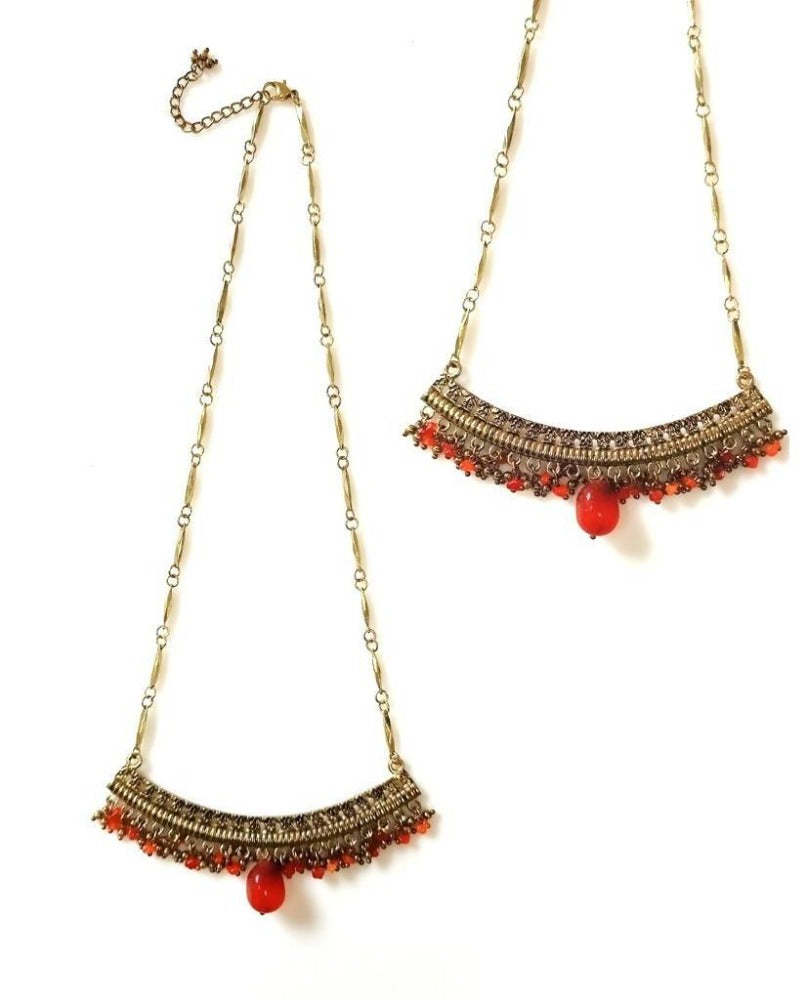 Bling Accessories Antique Brass Finish Metal Carnelian Agate Semi Precious Stone Pendant Necklace | Swadesiicart