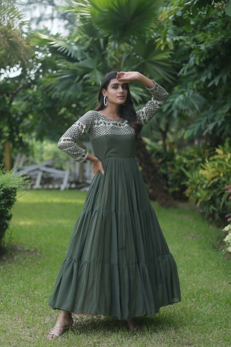 Jyoti Fashion Women's Mehendi Sequins Zari Embroidered Faux Georgette Anarkali Dress | Swadesiicart