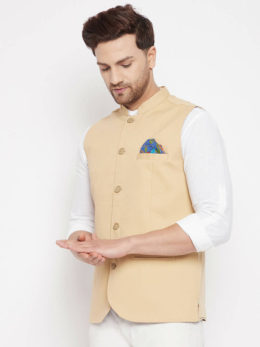 Even Apparels Beige Polyester Men's Nehru Jacket-Contrast Lining-Inbuilt Pocket Square | Swadesiicart