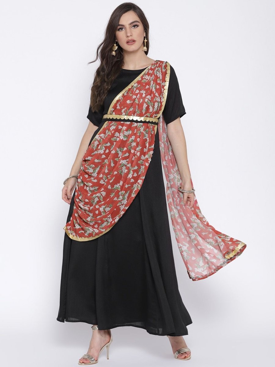 Ahalyaa Women's Black Poly Silk Kurta With Printed Dupatta | Swadesiicart
