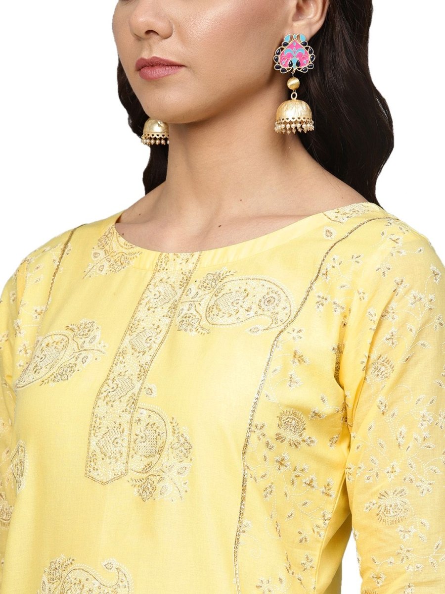 Ahalyaa Women's Cotton Blend Yellow Glitter Print Kurta Sharara Set With Dupatta | Swadesiicart