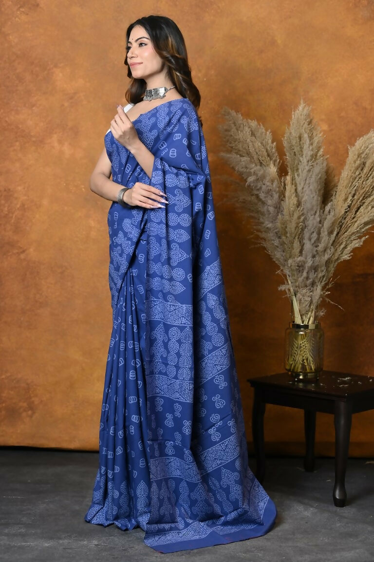 Very Much Indian Handblock Printed Cotton Saree With Natural Dyes - Indigo Blue | Swadesiicart