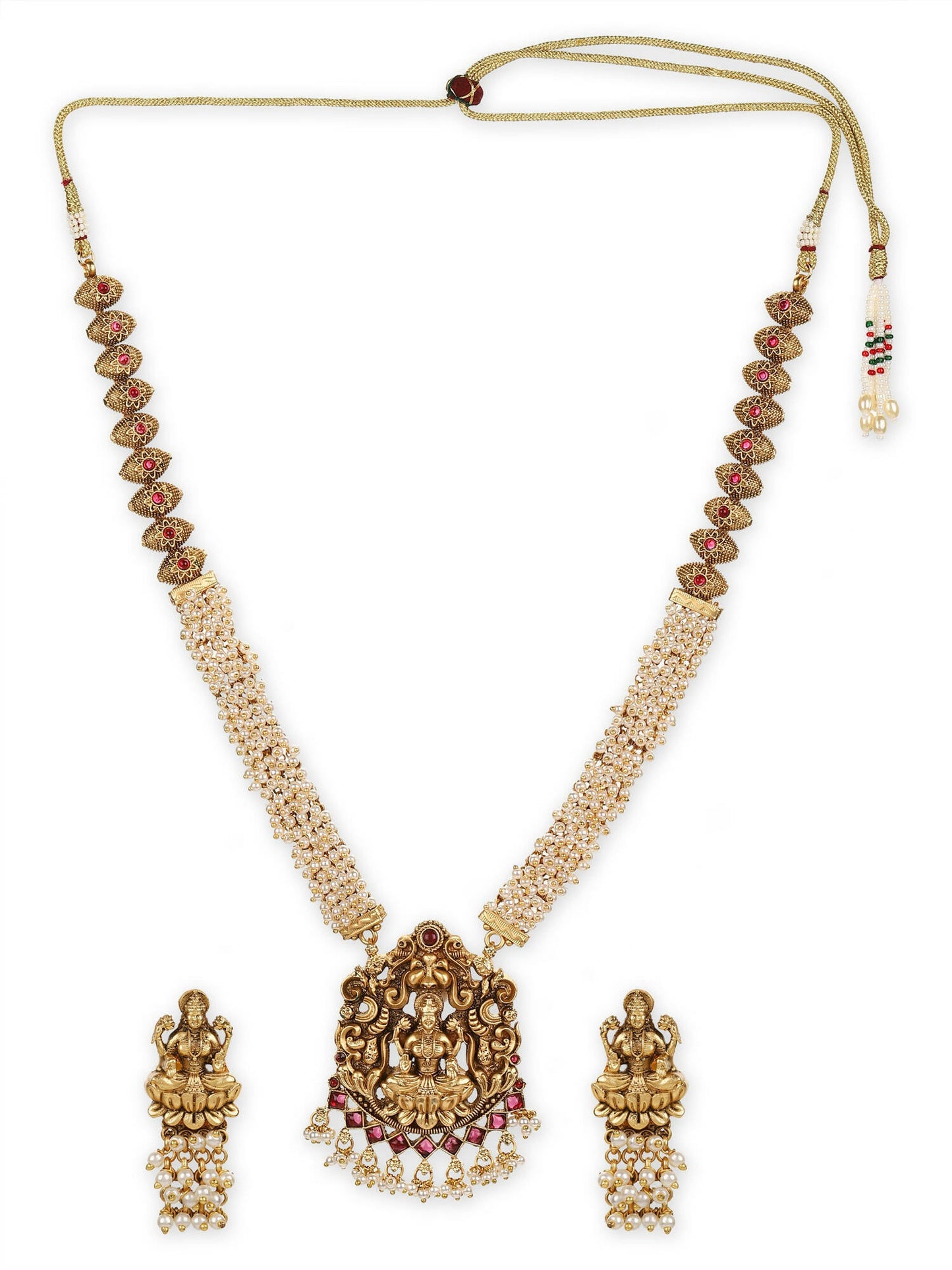 Gold-Polished Pink White Stones-Studded Beaded Jewellery Set - Ruby Raang - Swadesiicart