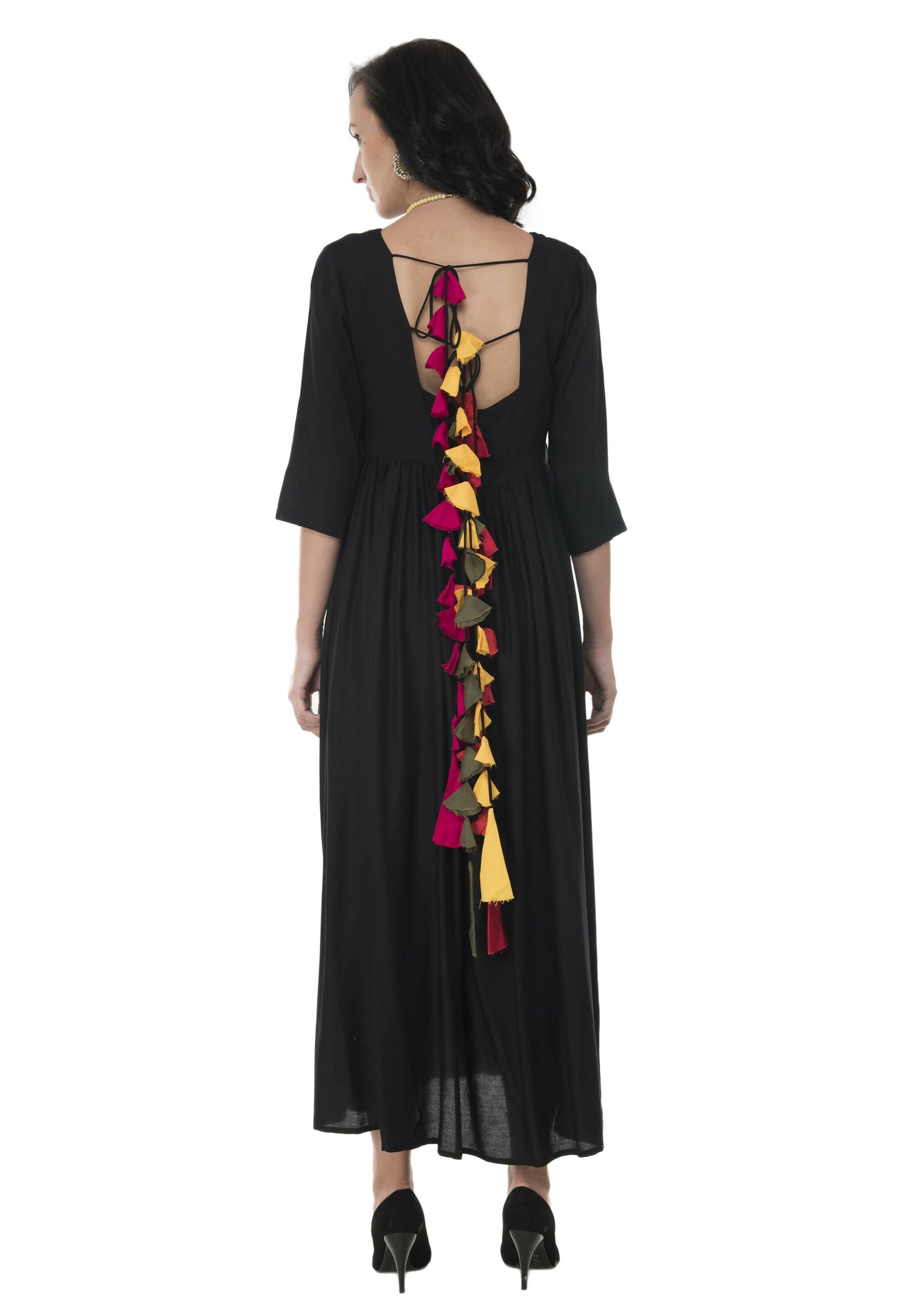 Women's Black Flared Kurti With Front Round Neck And Back Neck With Deep With Dori And Tassels - G & A Apparels | Swadesiicart