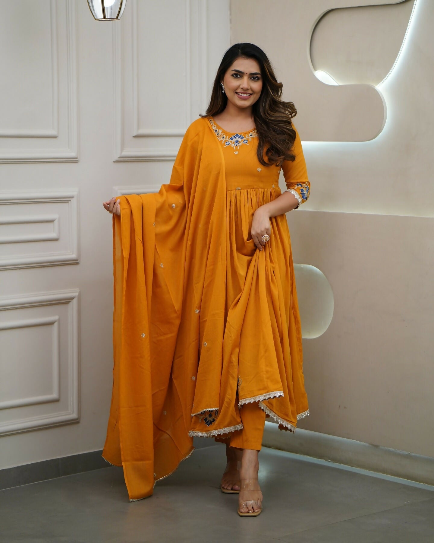The52 Orange Women's Gorgeous Viscose Fabric Embroidered Work Flared Kurta Pant and Dupatta Set - Swadesiicart