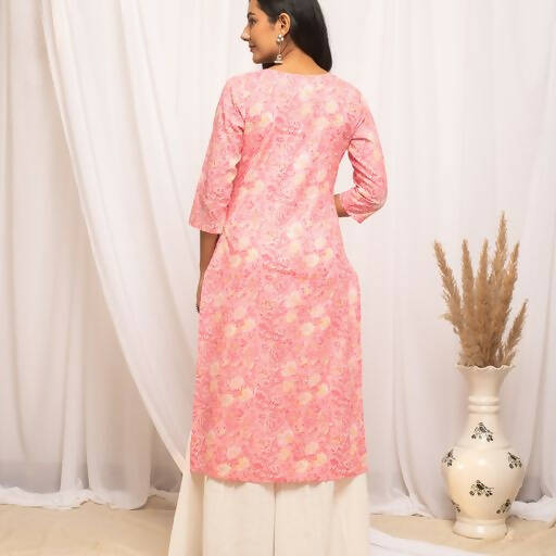 FIORRA Women's Floral Printed Peach Cotton Straight Kurta - Swadesiicart