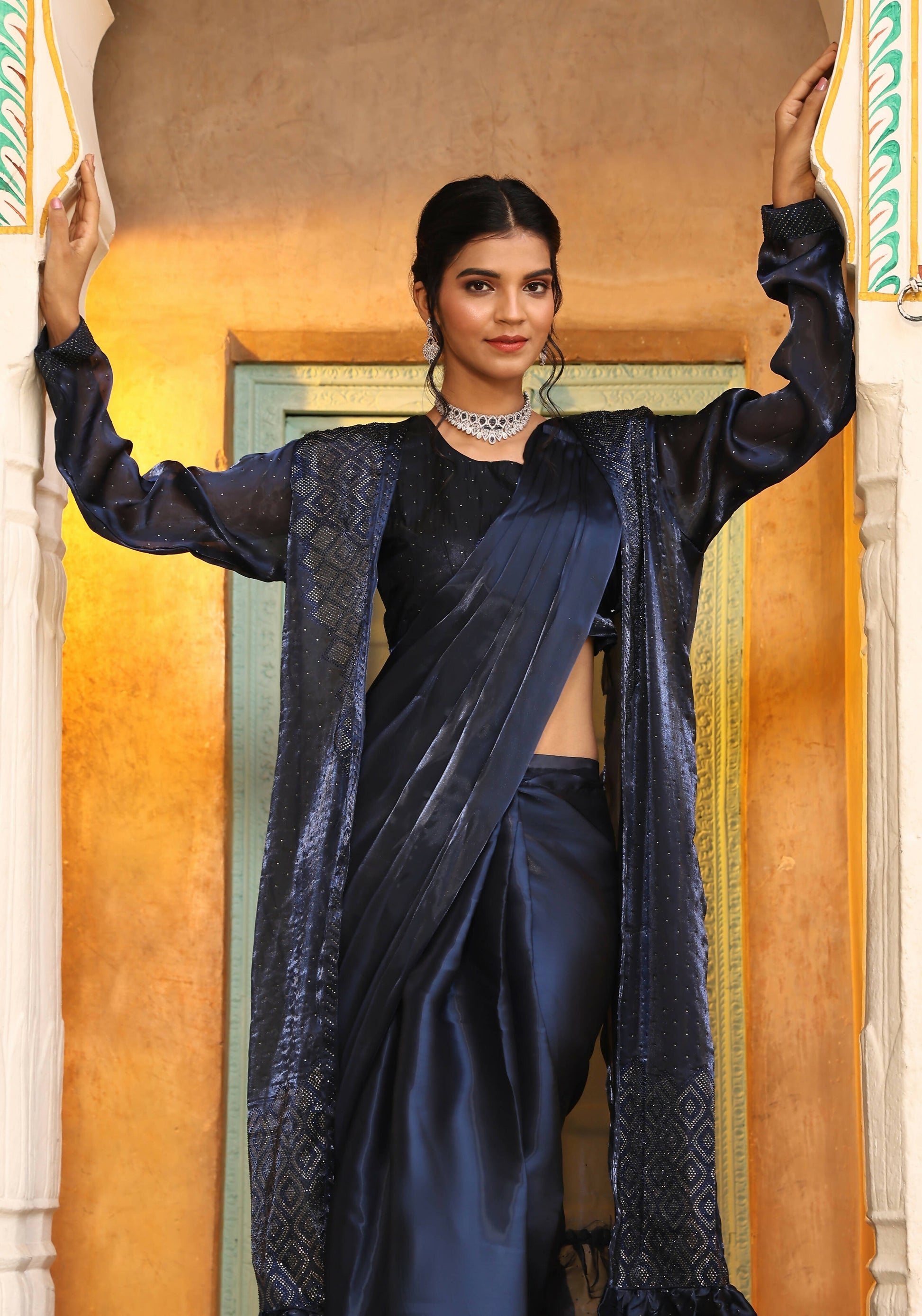 Navy Blue Tom Silk Plain Ready To Wear Saree With Stitched Blouse - Satiksha | Swadesiicart