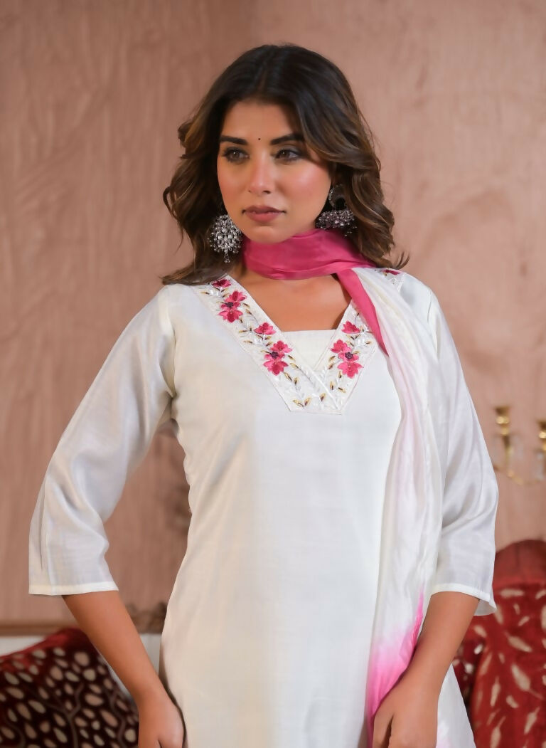 Ethnic Festive Wear Viscose Chanderi White Stitched Suit With Dupatta - Tanisha | Swadesiicart