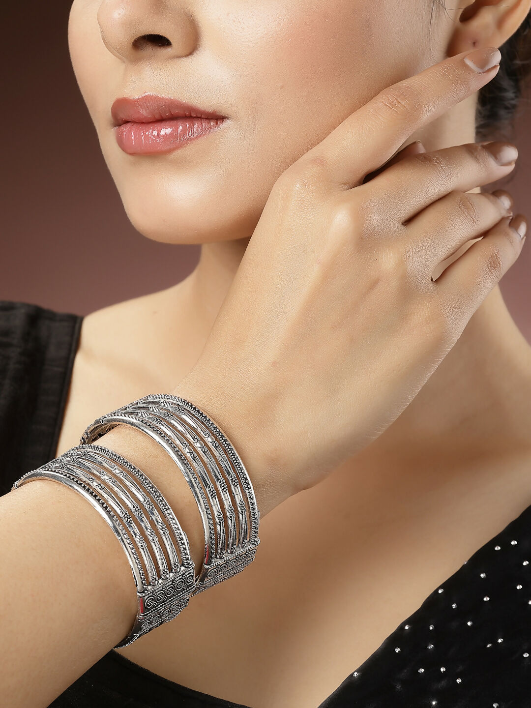 NVR Women's Set of 2 Silver-Toned German Silver Oxidised Kada Bangle - NR Retail-NVR