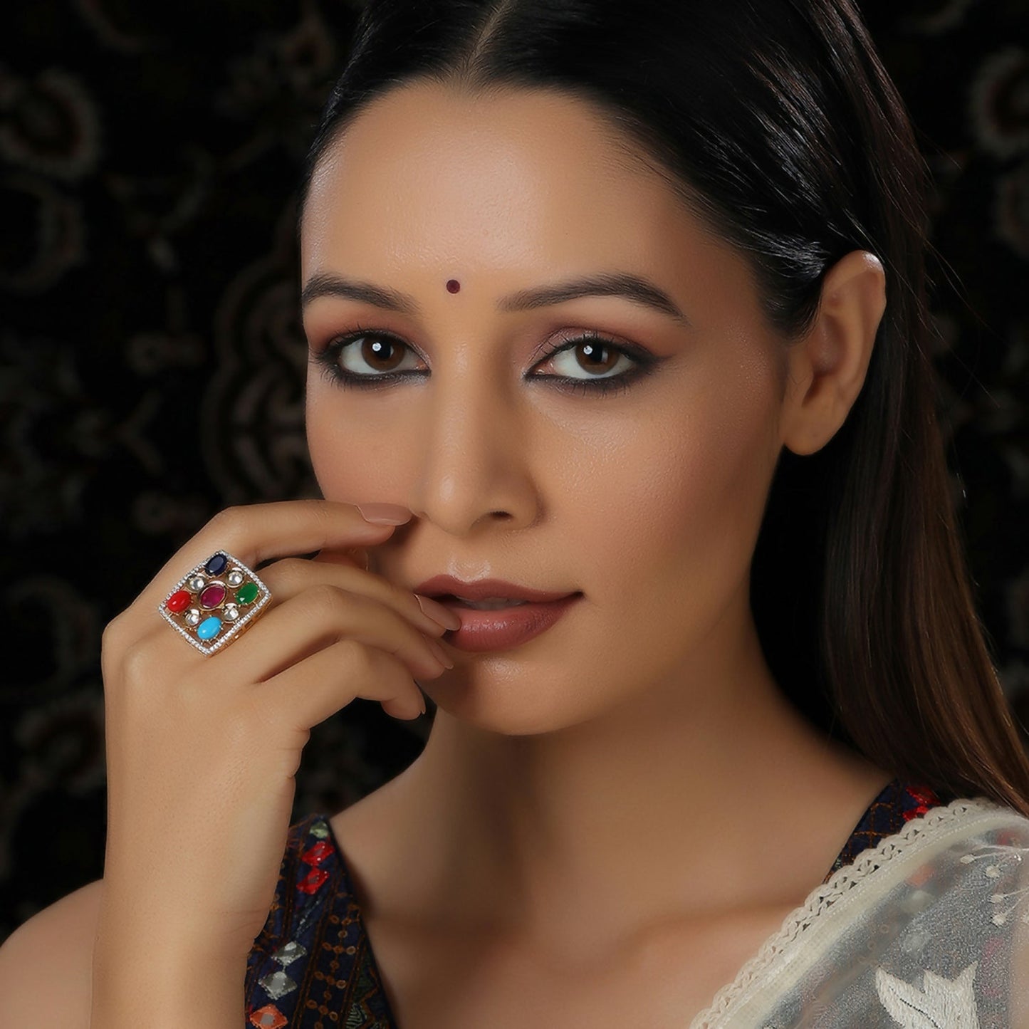 Navratan Kundan Ring (Multi Color) - Ruby Raang | Swadesiicart