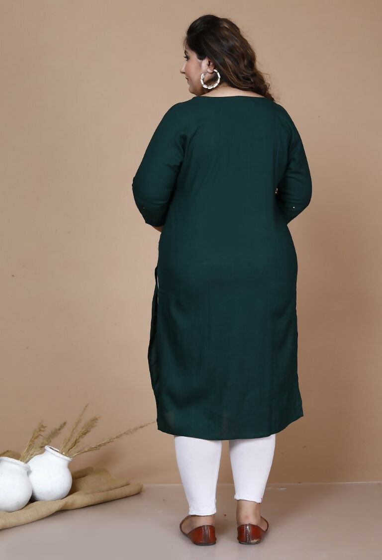 Miravan Women's Plus Size Green Embroidered Straight Kurti - Swadesiicart