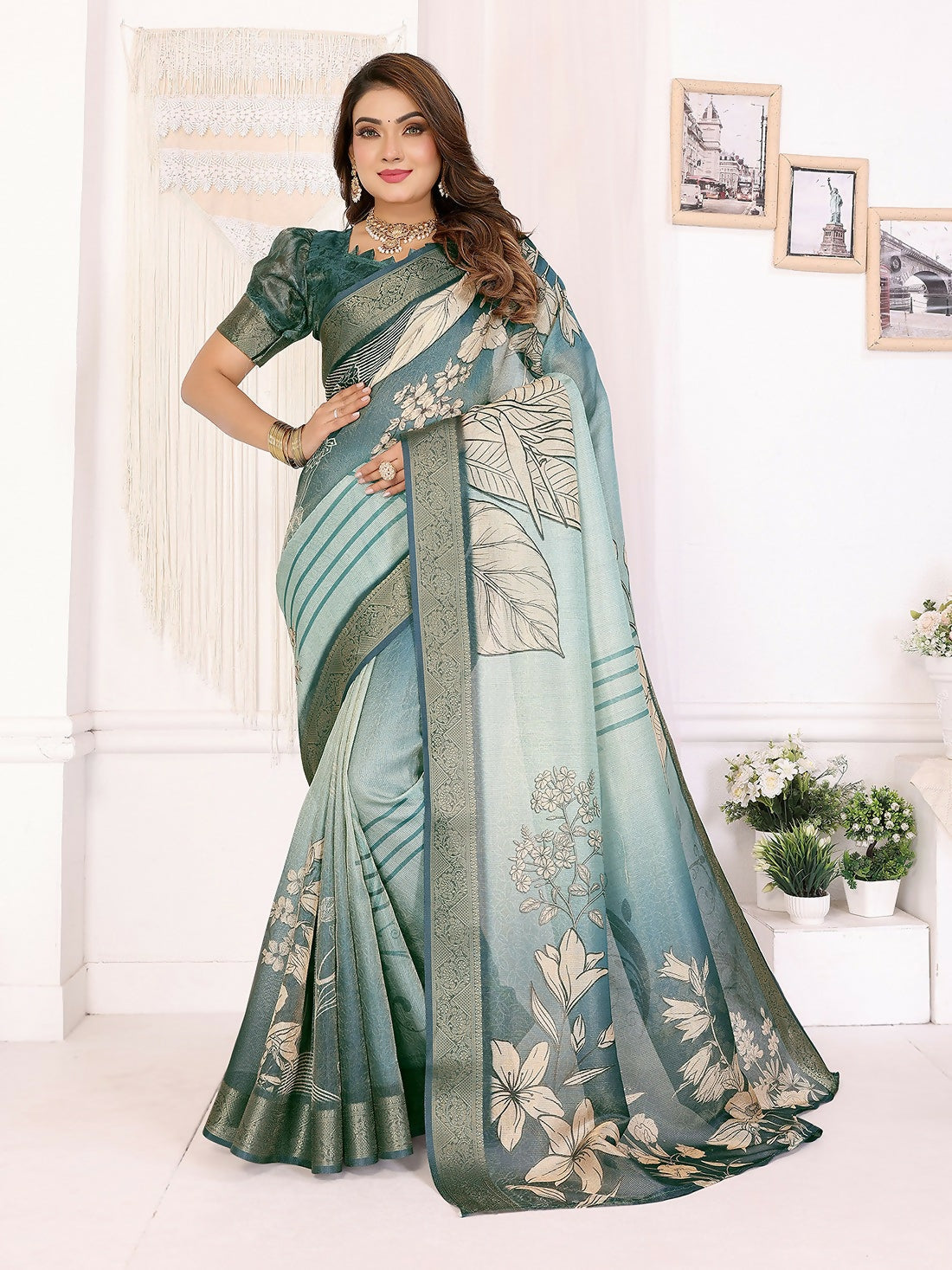 Joban Fashion Teal Floral Print pattern Banarasi Silk Sarees | Swadesiicart